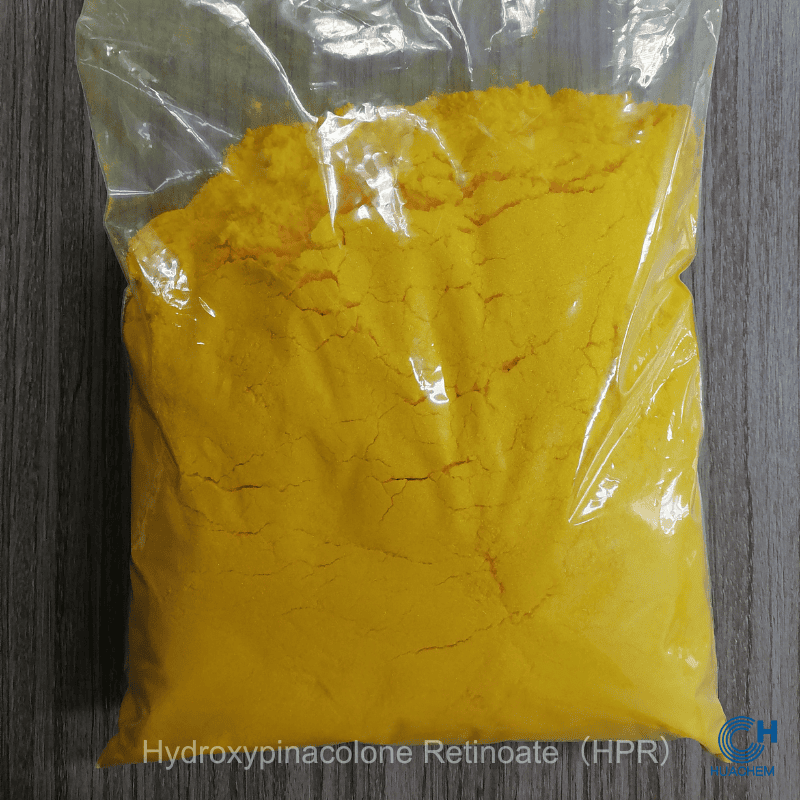 Huachem HPR yellow crystalline powder visibly sealed inside a transparent inner polyethylene bag.