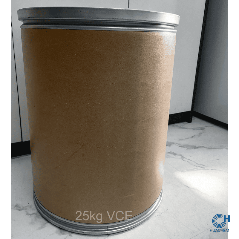 Bulk 25kg fibre drum packaging of Huachem 3-O-Ethyl Ascorbic Acid, designed for industrial-scale handling and storage.