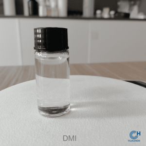 A clear glass bottle filled with high-purity Huachem Dimethyl Isosorbide, showcasing its clear, oily liquid texture and premium packaging for stability.