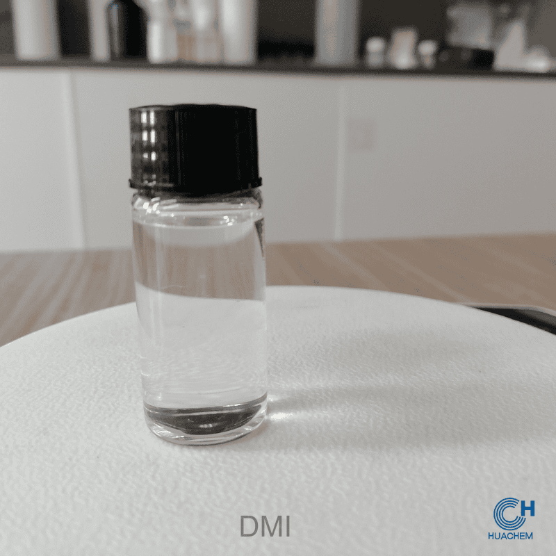 A clear glass bottle filled with high-purity Huachem Dimethyl Isosorbide, showcasing its clear, oily liquid texture and premium packaging for stability.