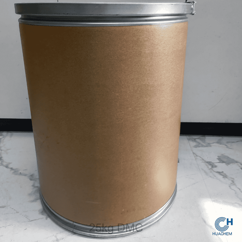 Bulk 25kg fibre drum packaging of Huachem Dimethylmethoxy Chromanol, designed for industrial-scale handling and storage.