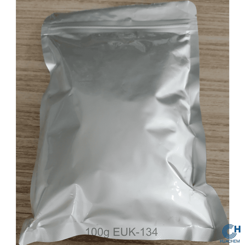 Standard 100g retail unit of Huachem Ethylbisiminomethylguaiacol Manganese Chloride, packaged in a sealed metallic foil pouch for optimal protection.