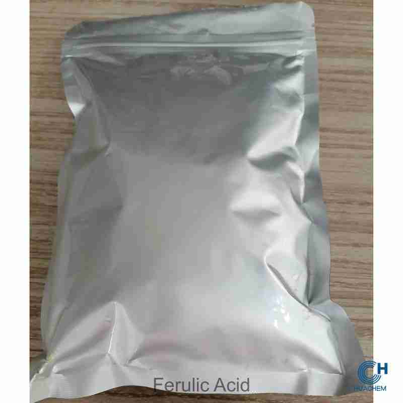 Standard 1kg retail unit of Huachem Ferulic Acid, packaged in a sealed metallic foil pouch for optimal protection.