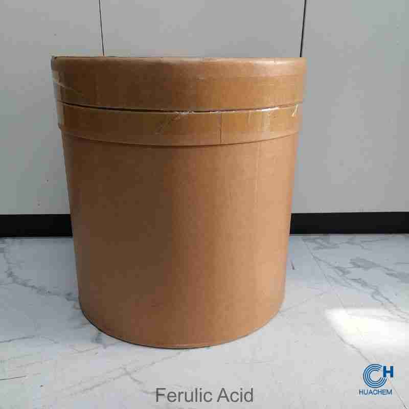 Bulk 25kg fibre drum packaging of Huachem Ferulic Acid, designed for industrial-scale handling and storage.