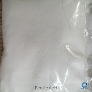 Macro photography revealing the fine, uniform, white powder texture of Huachem Ferulic Acid.