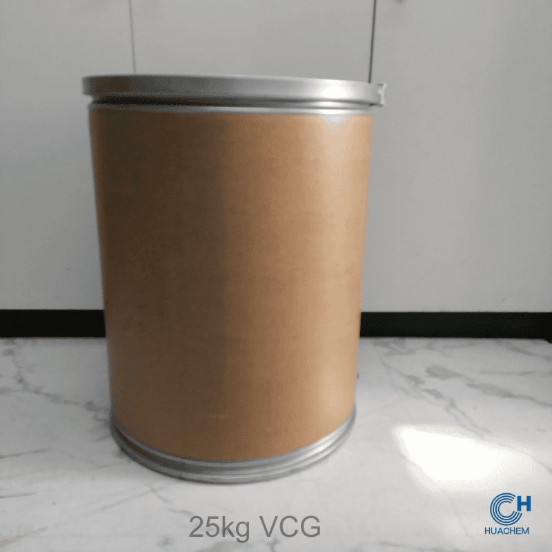 Bulk 25kg fibre drum packaging of Huachem Ascorbyl Glucoside, designed for industrial-scale handling and storage.