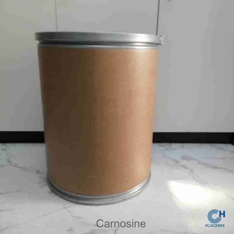 Bulk 25kg fibre drum packaging of Huachem Carnosine, designed for industrial-scale handling and storage.
