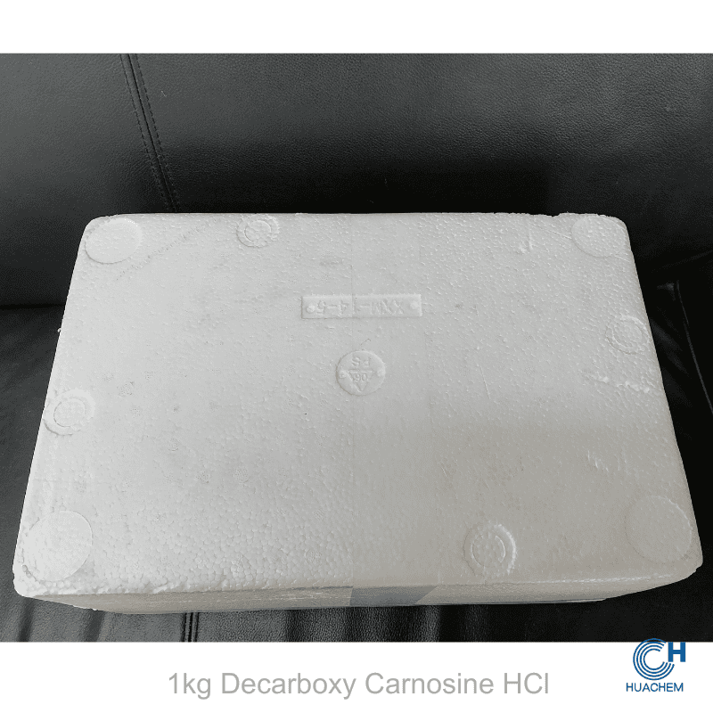 Bulk 1kg insulated foam box packaging of Huachem Decarboxy Carnosine HCl, designed for industrial-scale handling and cold chain storage.