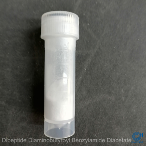Close-up view of Huachem‘s Dipeptide Diaminobutyroyl Benzylamide Diacetate powder, showcasing its uniform white texture and fine particle size.