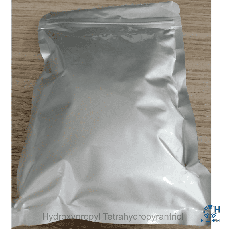 Standard 1kg retail unit of Huachem Hydroxypropyl Tetrahydropyrantriol, packaged in a sealed metallic foil pouch for optimal protection.