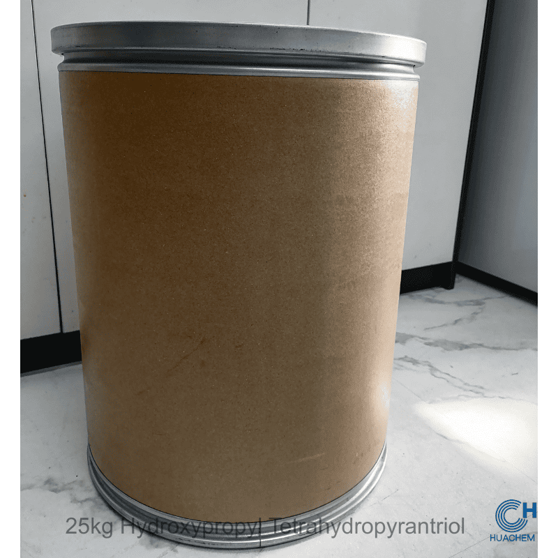 Bulk 25kg fibre drum packaging of Huachem Hydroxypropyl Tetrahydropyrantriol, designed for industrial-scale handling and storage.