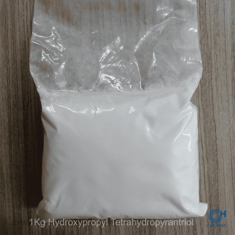 Huachem Hydroxypropyl Tetrahydropyrantriol white powder visibly sealed inside a transparent inner polyethylene bag.