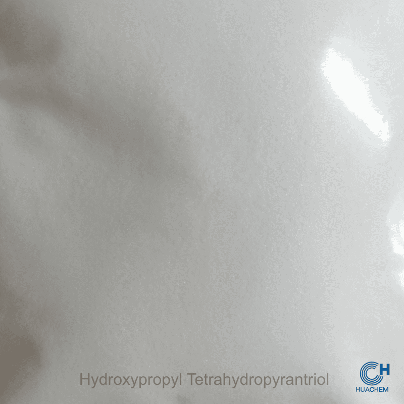 Macro photography revealing the fine, uniform, white powder texture of Huachem Hydroxypropyl Tetrahydropyrantriol.