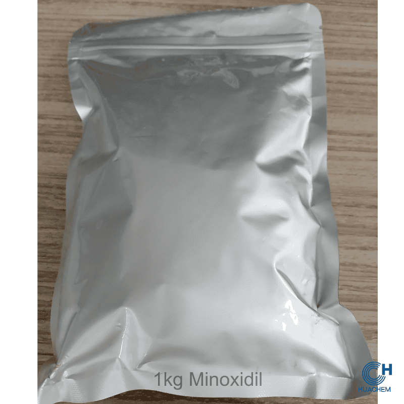 Standard 1kg retail unit of Huachem Minoxidil, packaged in a sealed metallic foil pouch for optimal protection.