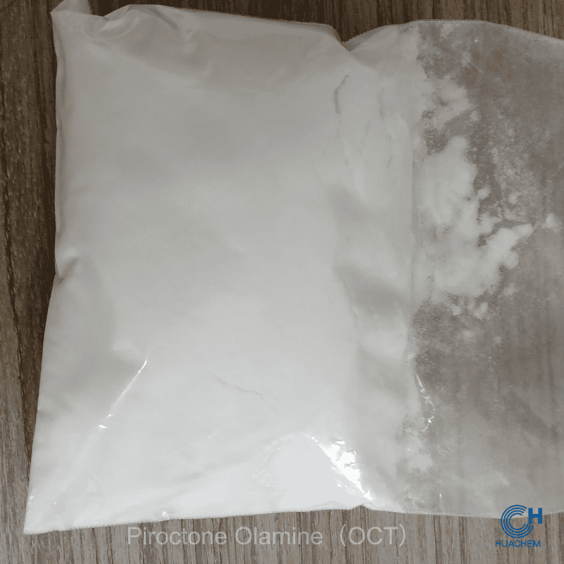 Huachem OCT white powder visibly sealed inside a transparent inner polyethylene bag.