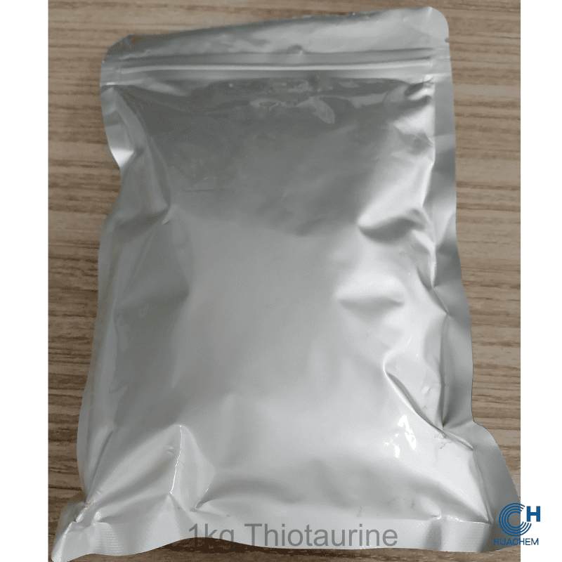 Standard 1kg retail unit of Huachem Thiotaurine, packaged in a sealed metallic foil pouch for optimal protection.