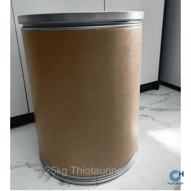 Bulk 25kg fibre drum packaging of Huachem Thiotaurine, designed for industrial-scale handling and storage.