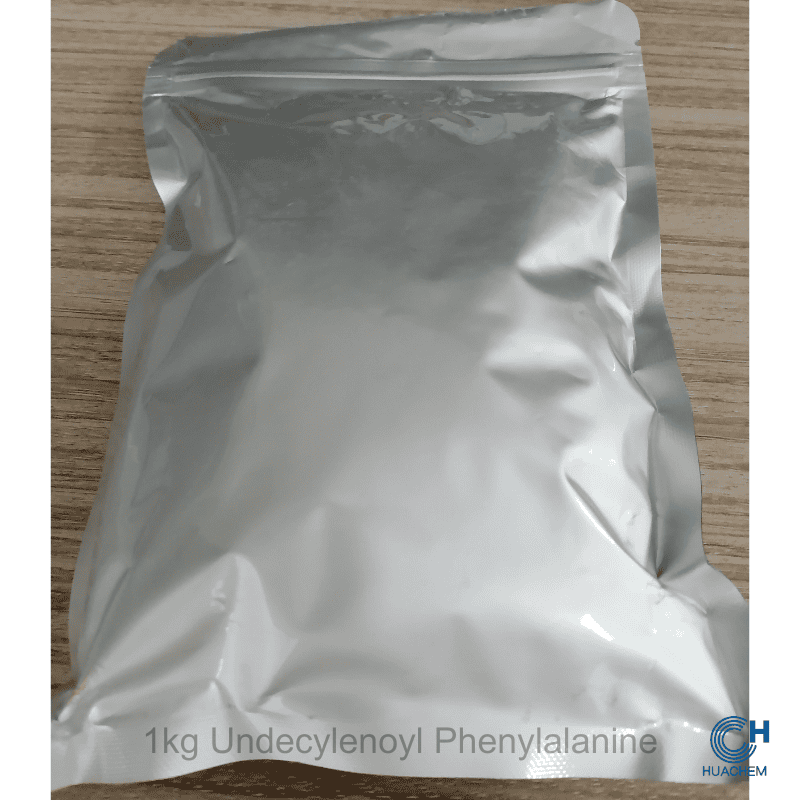 Standard 1kg retail unit of Huachem Undecylenoyl Phenylalanine, packaged in a sealed metallic foil pouch for optimal protection.