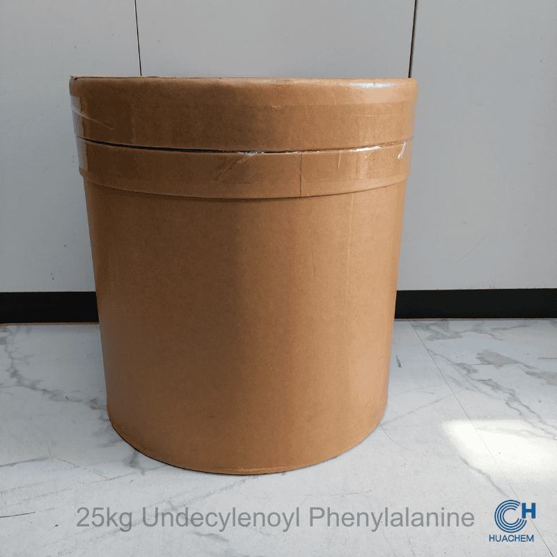 Bulk 25kg fibre drum packaging of Huachem Undecylenoyl Phenylalanine, designed for industrial-scale handling and storage.
