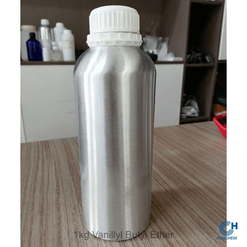The 1kg standard unit of Vanillyl Butyl Ether Huachem, securely packaged in a sealed aluminum bottle for optimal light and heat protection.