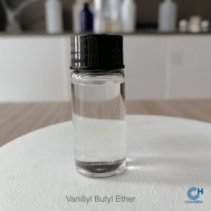A pure sample of Vanillyl Butyl Ether Huachem, presented in a clear glass bottle to showcase its quality and consistency as a warming agent.